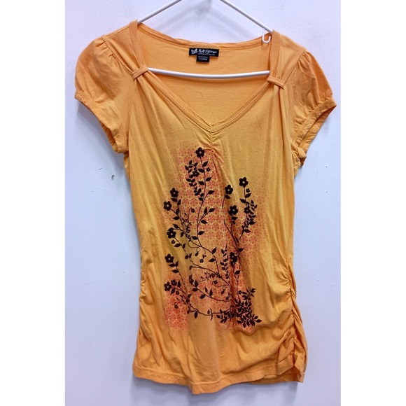 Self Esteem Tops - Self Esteem V-Neck Graphic T-Shirt Women XL Mustard Yellow Vintage Y2K Floral